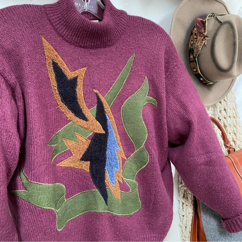 Purple Rare Appliqué retro vintage wool blend sweater - Picture 3 of 10